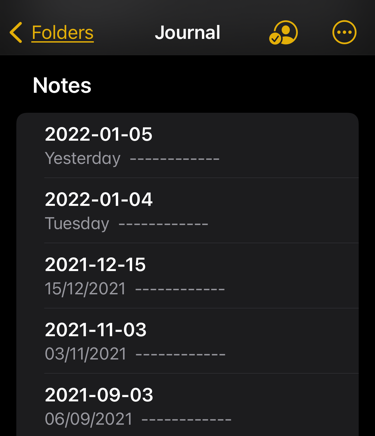 Apples Notes list view, showing journal entries where each entry is in ISO-8601 date format