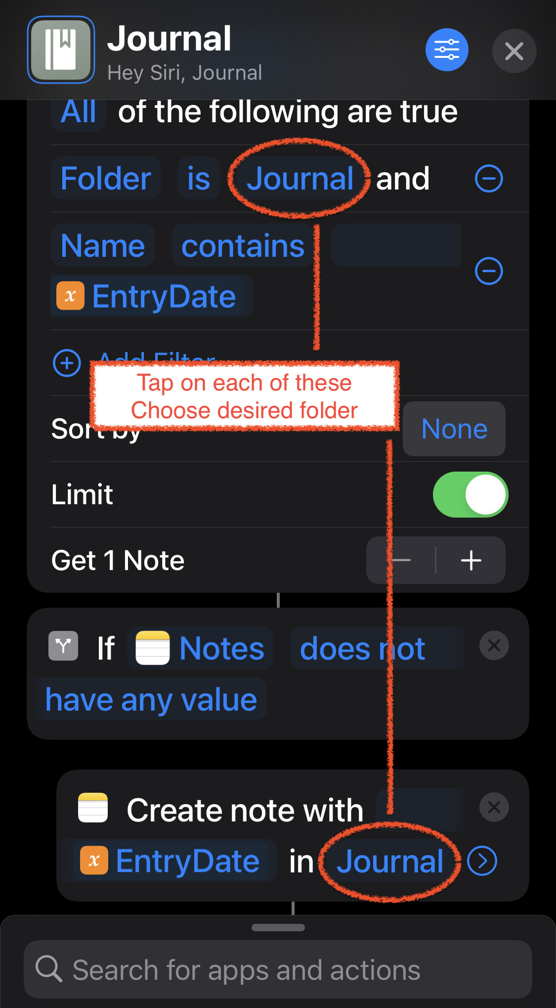 Annotated iOS screenshot of editing the new Apple Shortcut to choose destination folder in two places