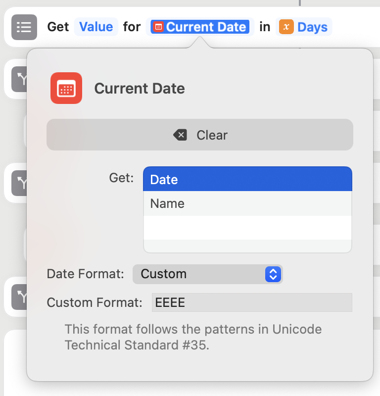 Apple Shortcut custom date formatting to return only name of day of the week
