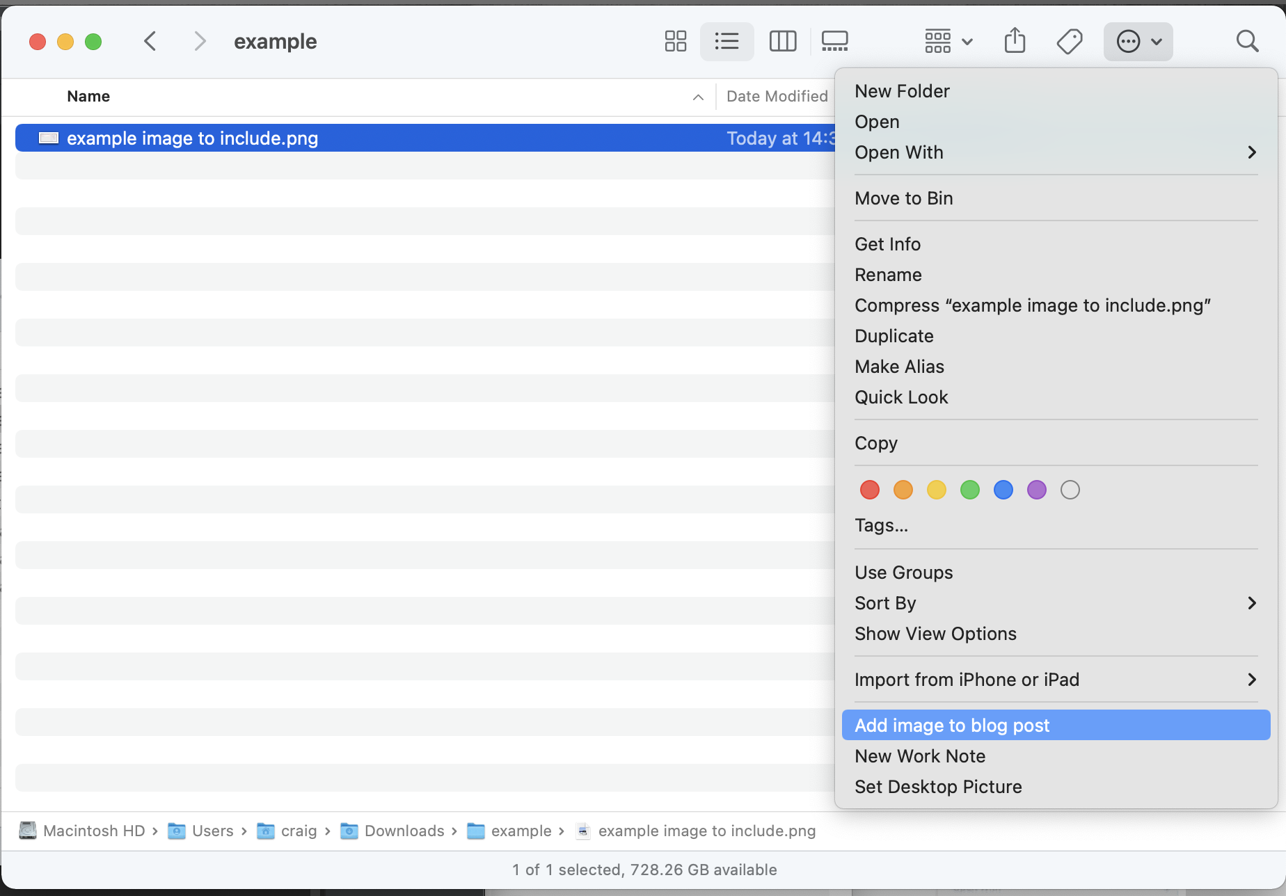 Finder integration showing a menu action called 'Add image to blog'