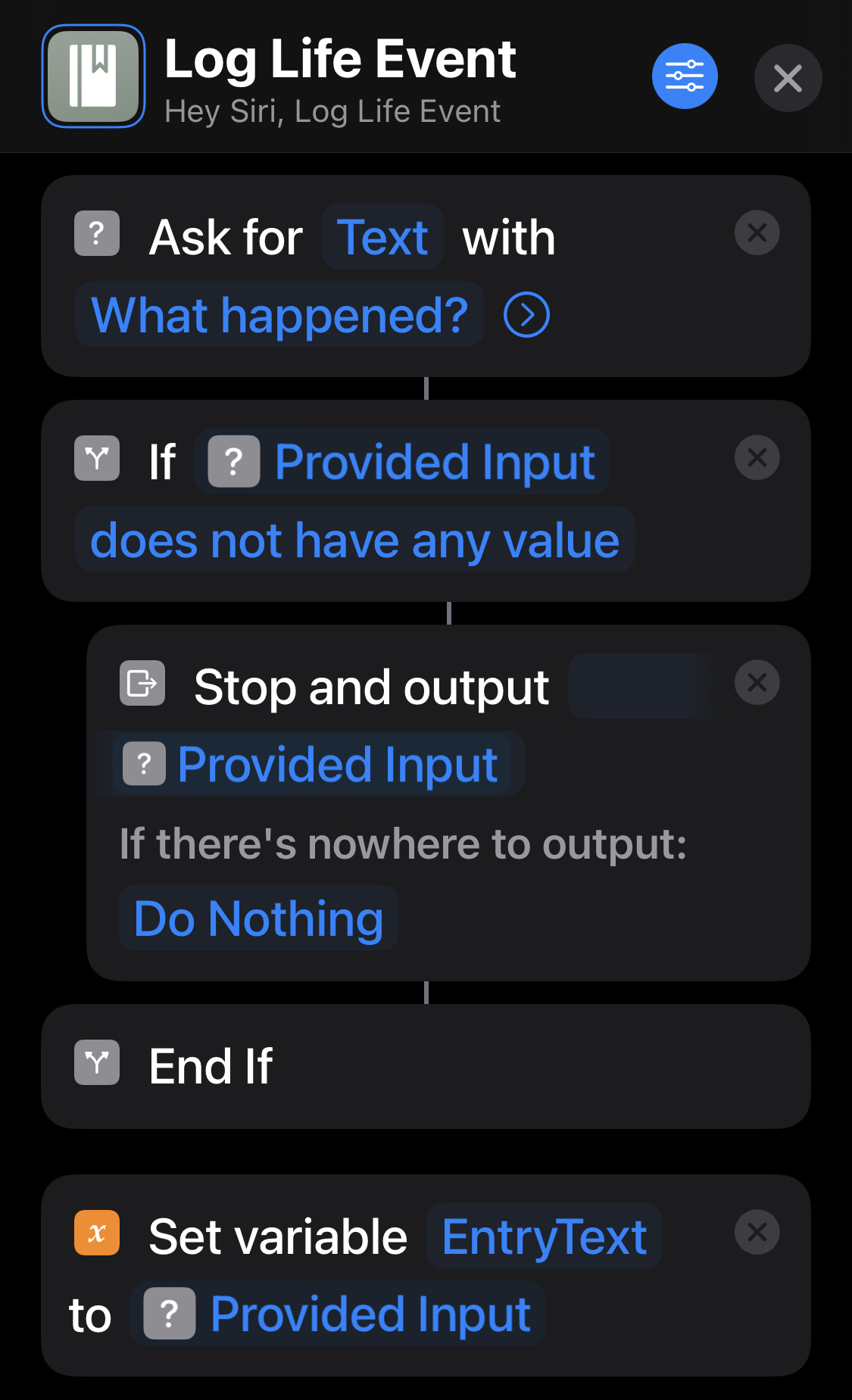 screenshot of Apple Shortcut for logging a life event