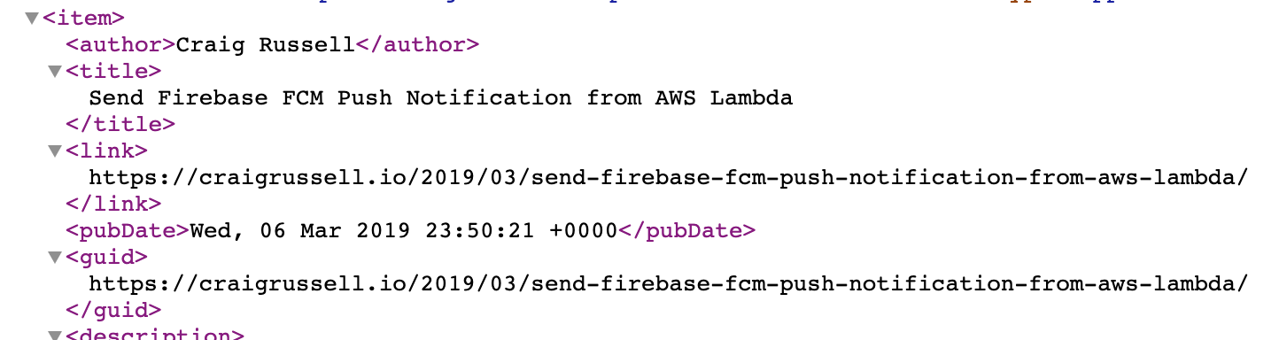 RSS XML showing the included author tag