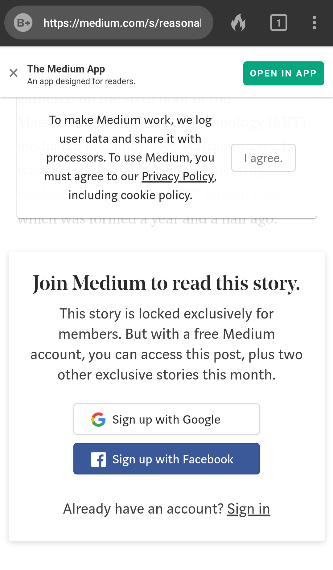 Visual clutter - view of the medium.com website with all its sign in overlays, paywall, native app installation banner, cookie policy