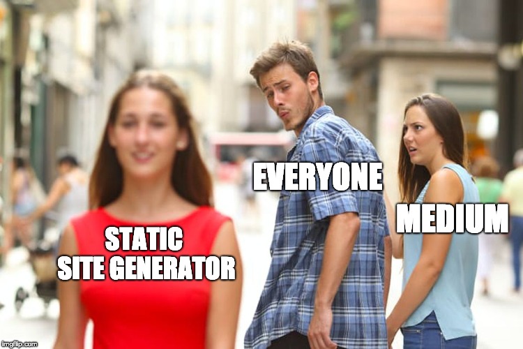 jealous boyfriend meme - looking longingly at static website generator while the jealous partner (Medium, in this case) looks angry. 