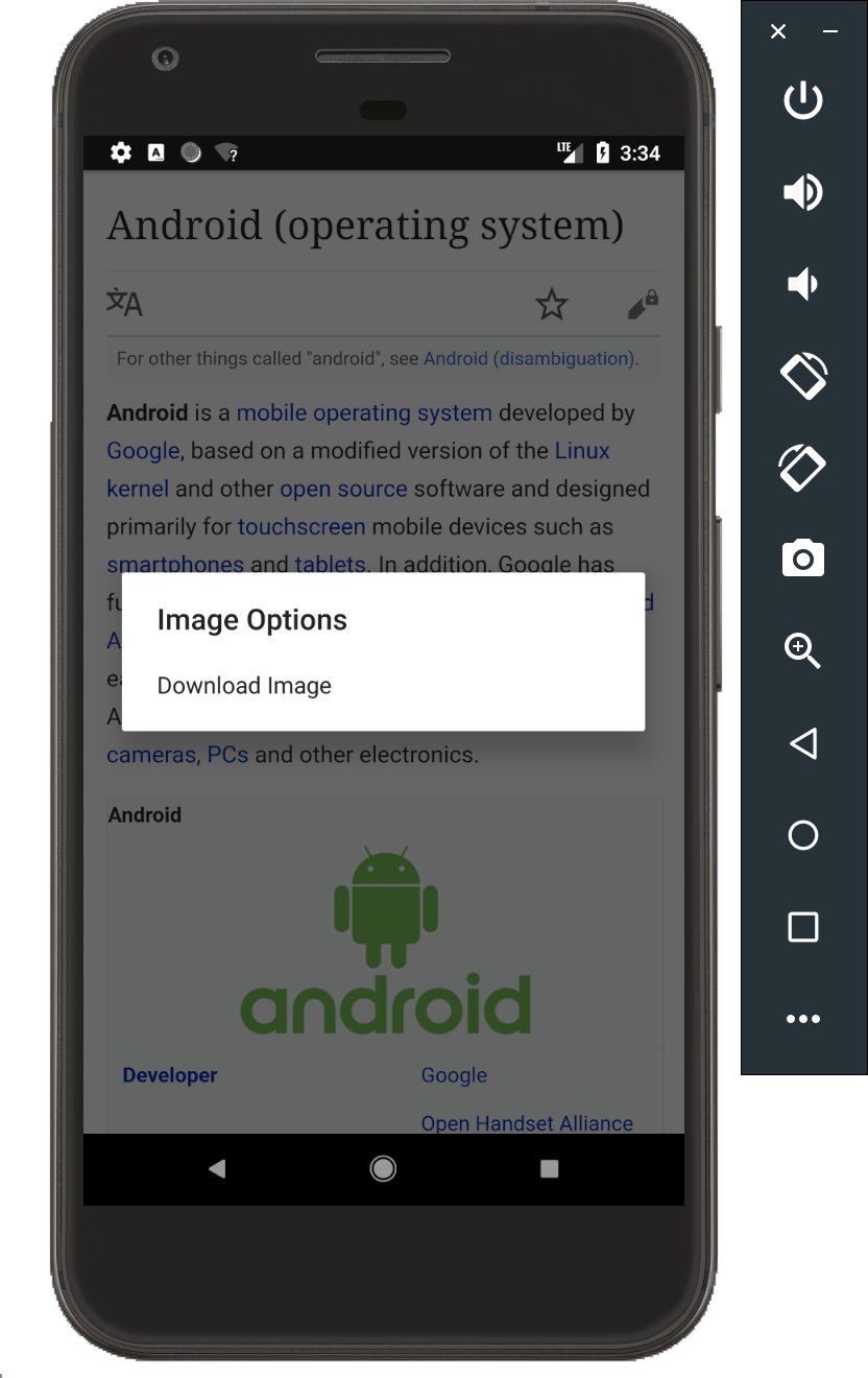 Android emulator showing a context menu floating over a WebView with a single selectable option: download image